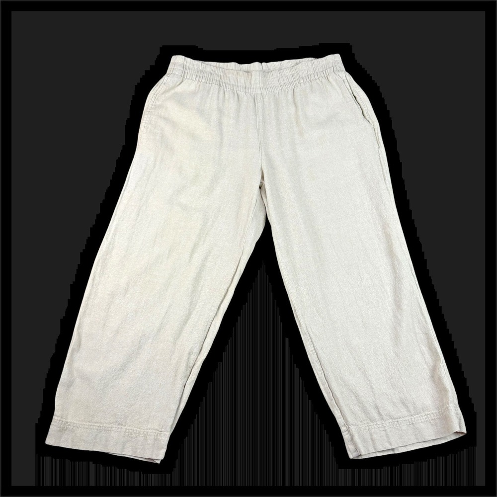 Old Navy Pants Womens L Petite Beige Linen High Rise Wide Leg Crop Elastic Waist